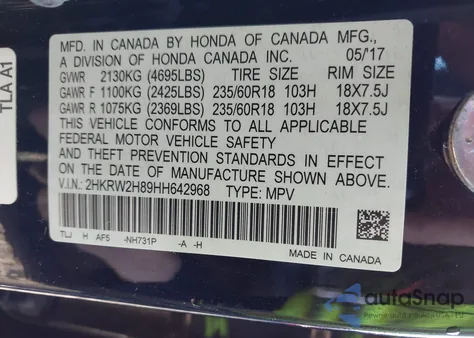 2017 Honda Cr-V Ex-L/Ex-L Navi from USA, damaged, VIN 2HKRW2H89HH642968